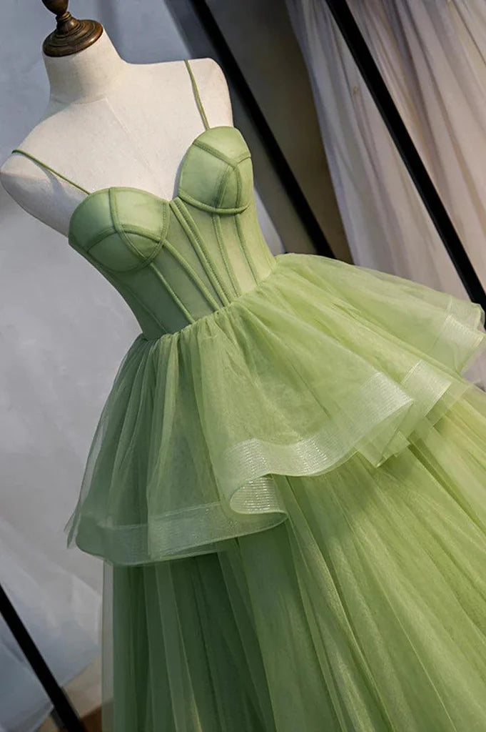 Tulle Green Long Prom Dress A-Line Evening Dresses